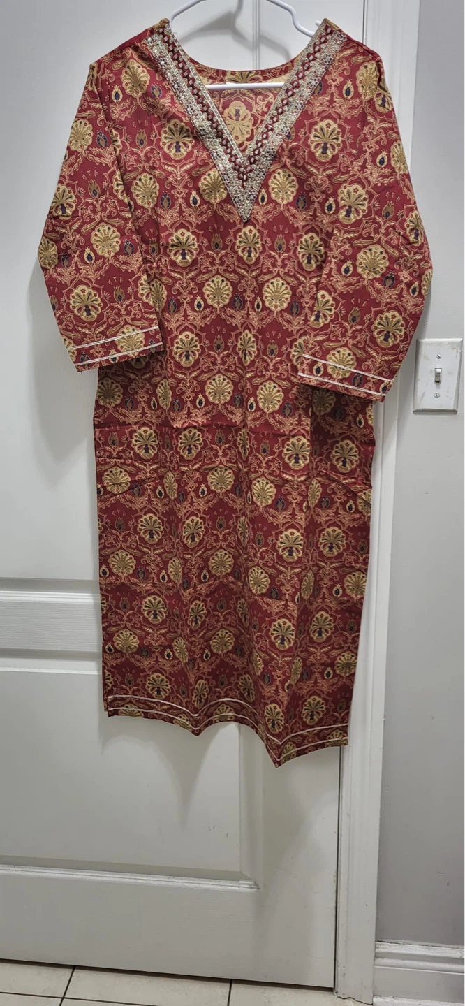 Red Printed Kurti with Embellished Neckline