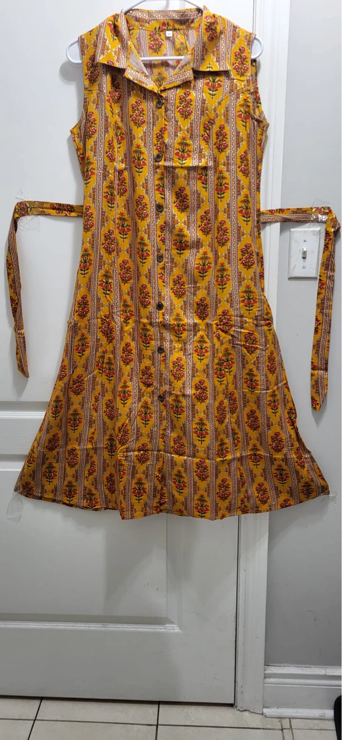 Yellow floral print sleeveless dress with tie waist - photo 3