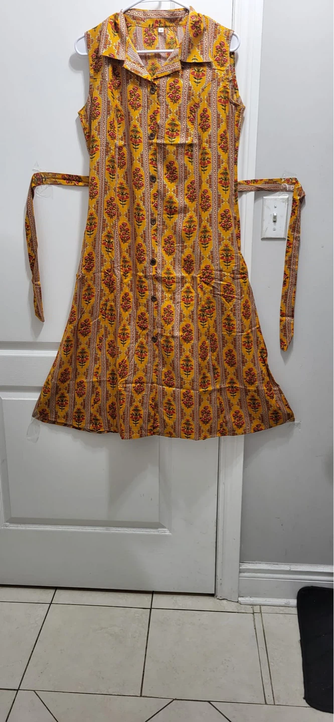 Yellow floral print sleeveless dress with tie waist