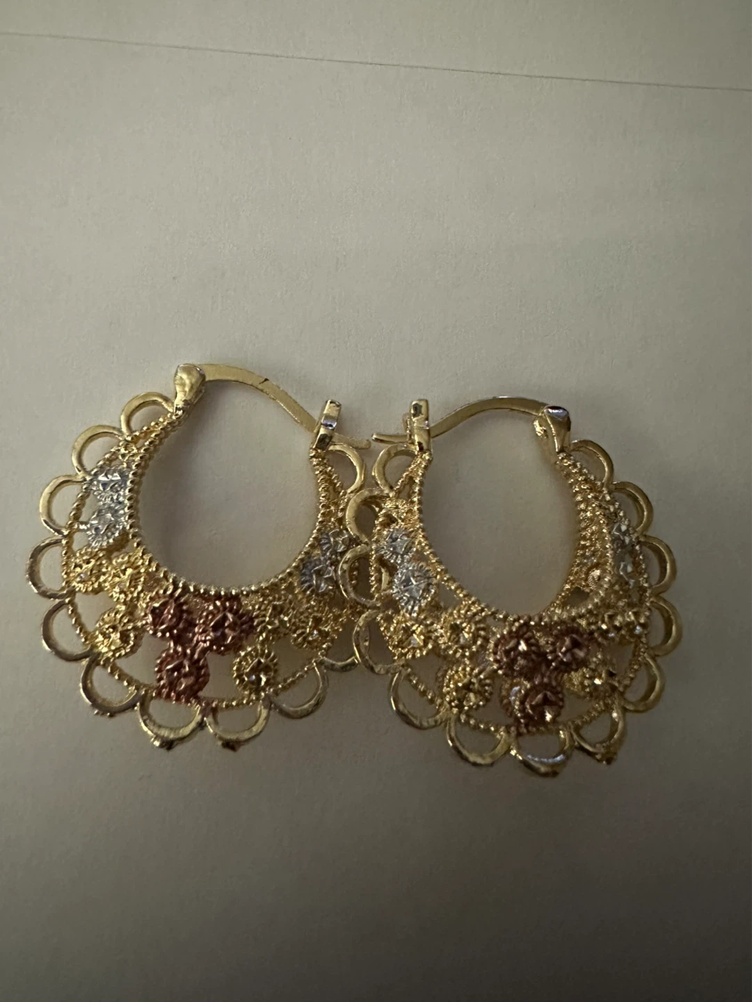 Tri-Color Gold Filigree Hoop Earrings