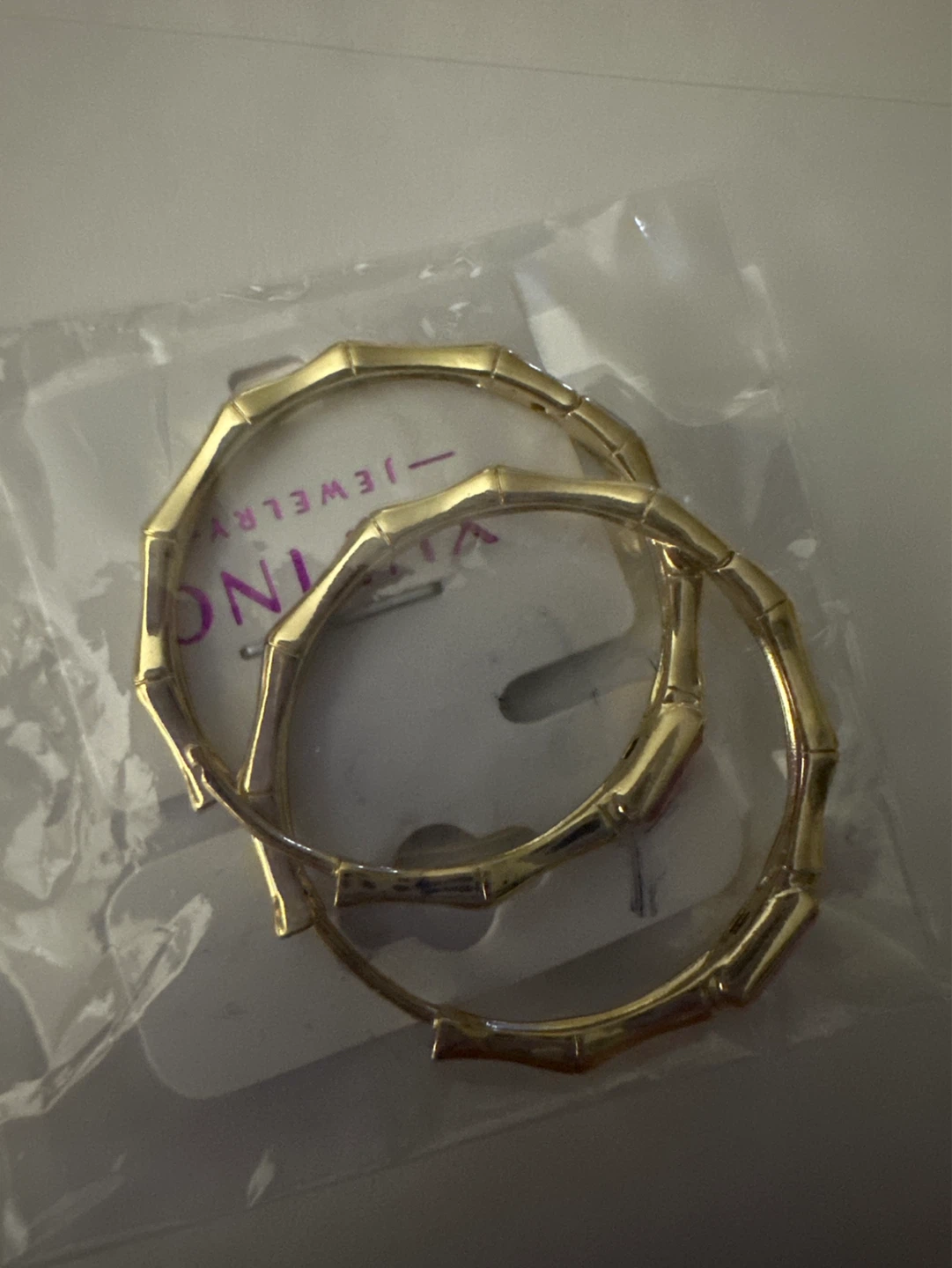 Gold Bamboo Hoop Earrings with Pink Accent