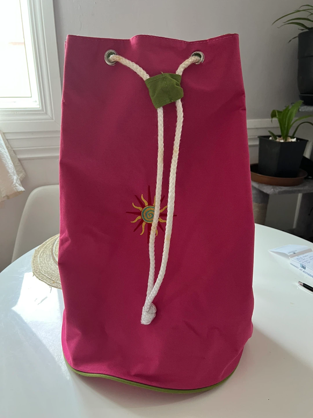 Pink Drawstring Bag with Sun Embroidery