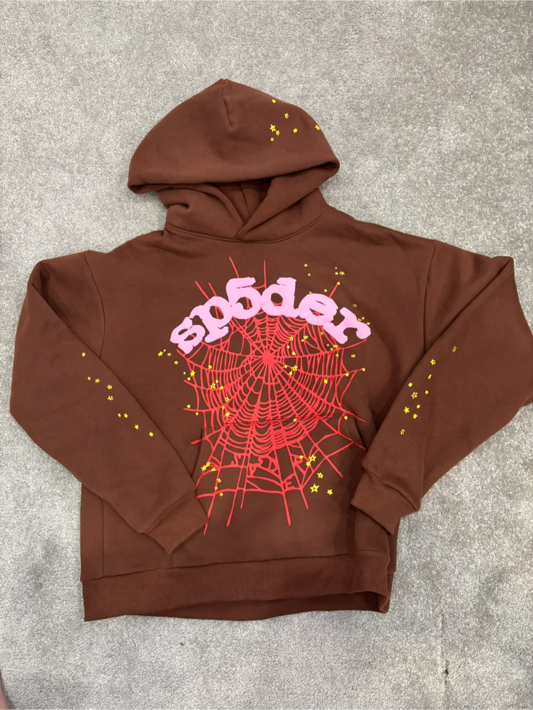 Sp5der Brown Hoodie Spiderweb Graphic Size M