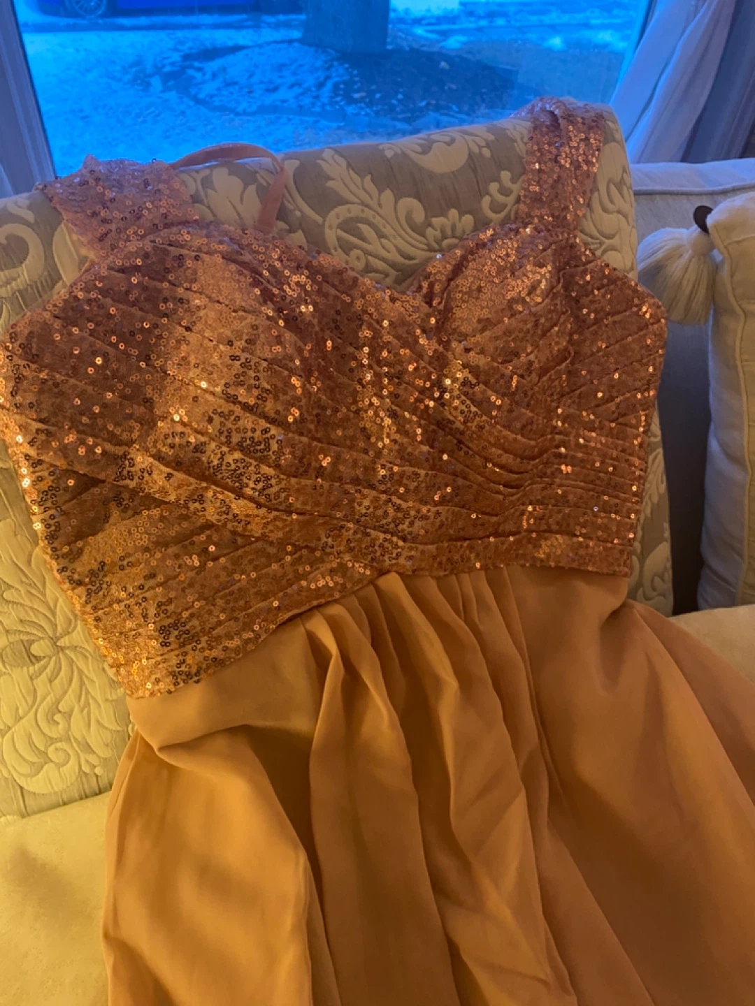 Sparkly Rose Gold Sequin Bodice Formal Dress