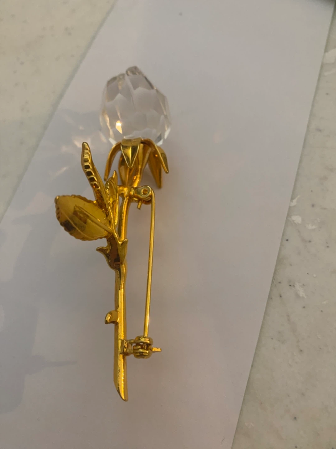 Gold Rose Brooch with Crystal Flower