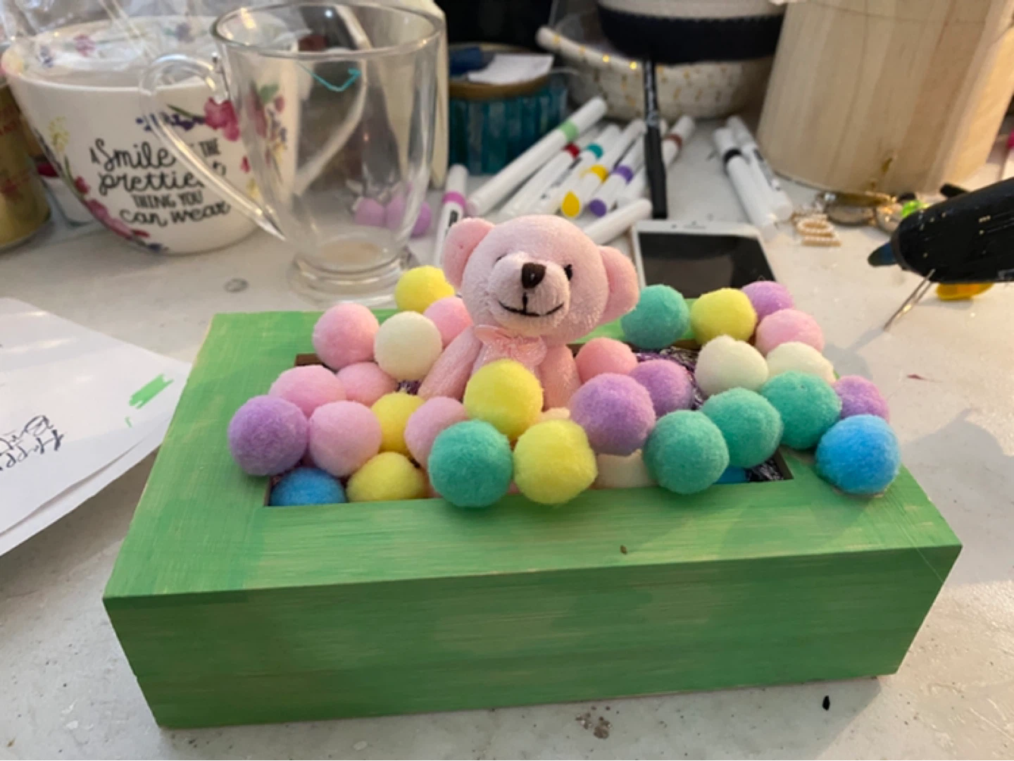 Pink Teddy Bear & Pom Pom Craft Box