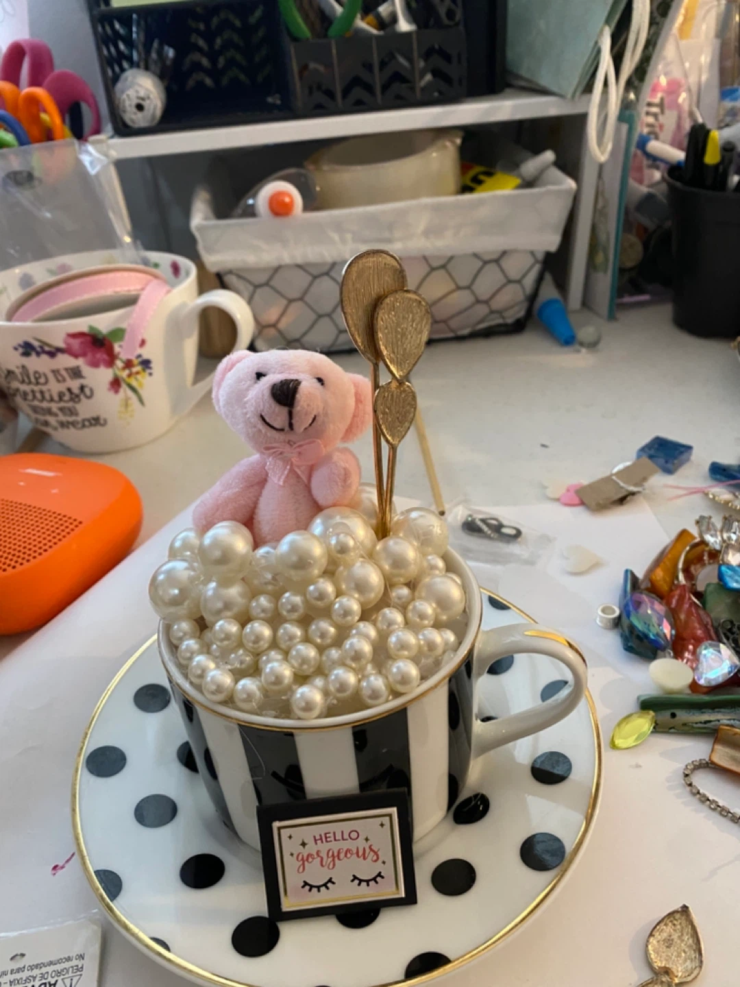 Decorative Teacup with Teddy Bear and Pearls - photo 2