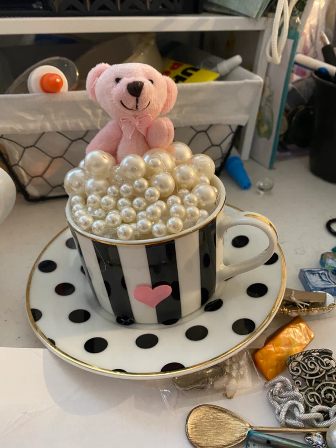Decorative Teacup with Teddy Bear and Pearls