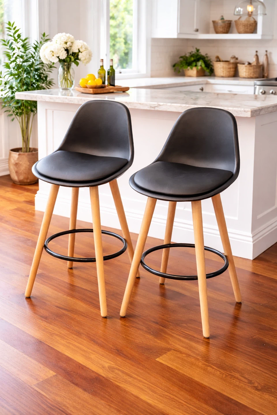 Set of 2 Black Bar Stools with Wooden Legs