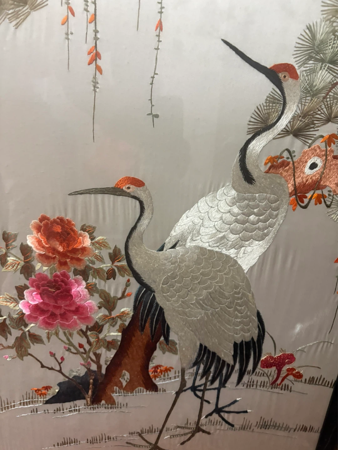 Framed Silk Embroidery Art of Cranes and Flowers - photo 2