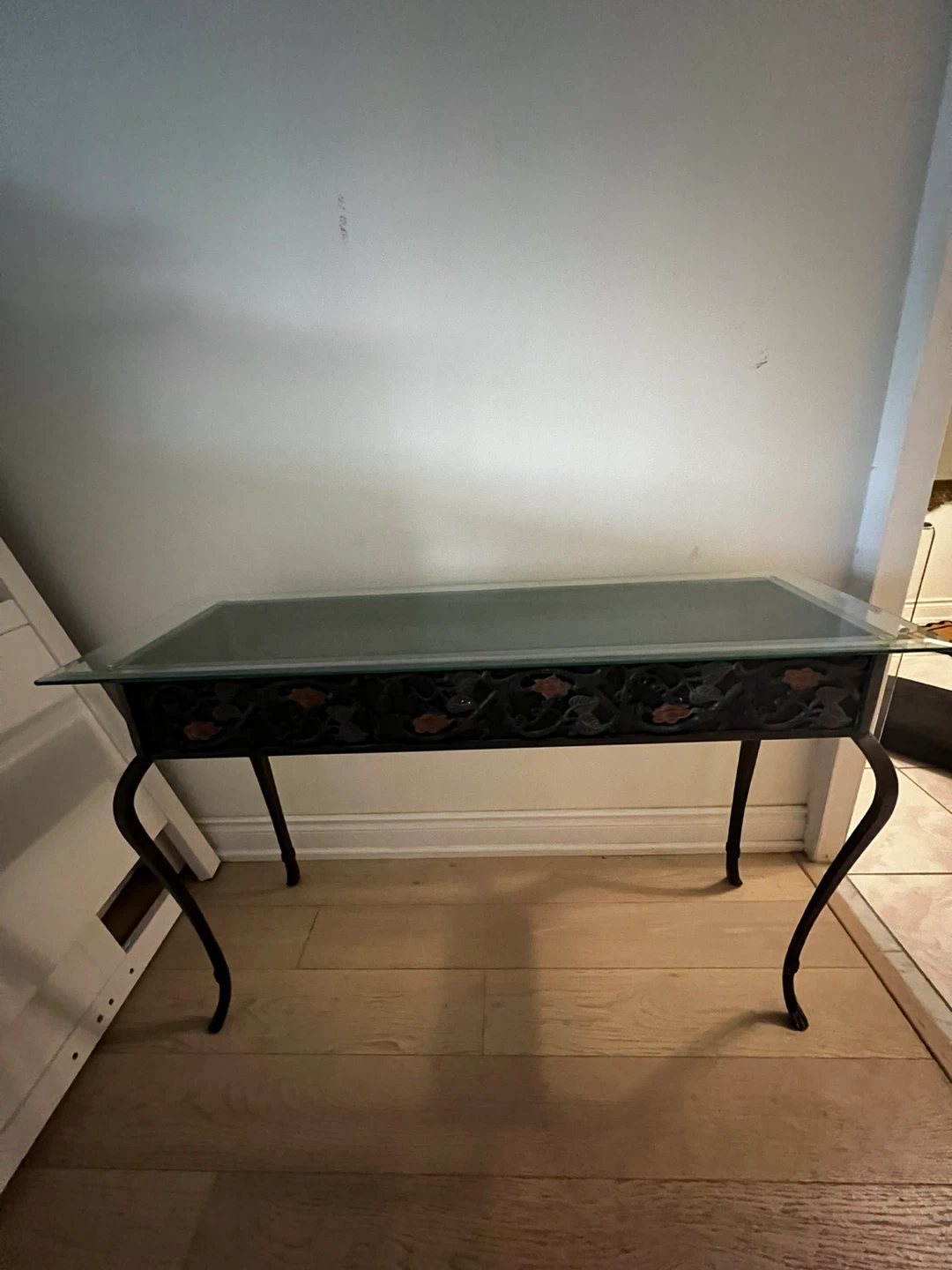 🖤 Stunning Art Nouveau Glass & Wrought Iron Console Table - photo 3