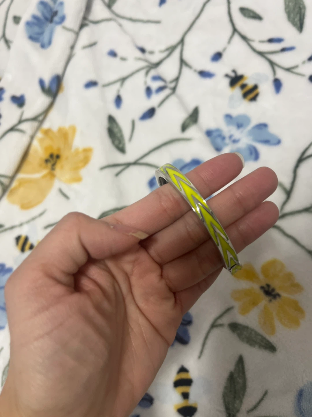 Yellow and silver chevron pattern bangle bracelet