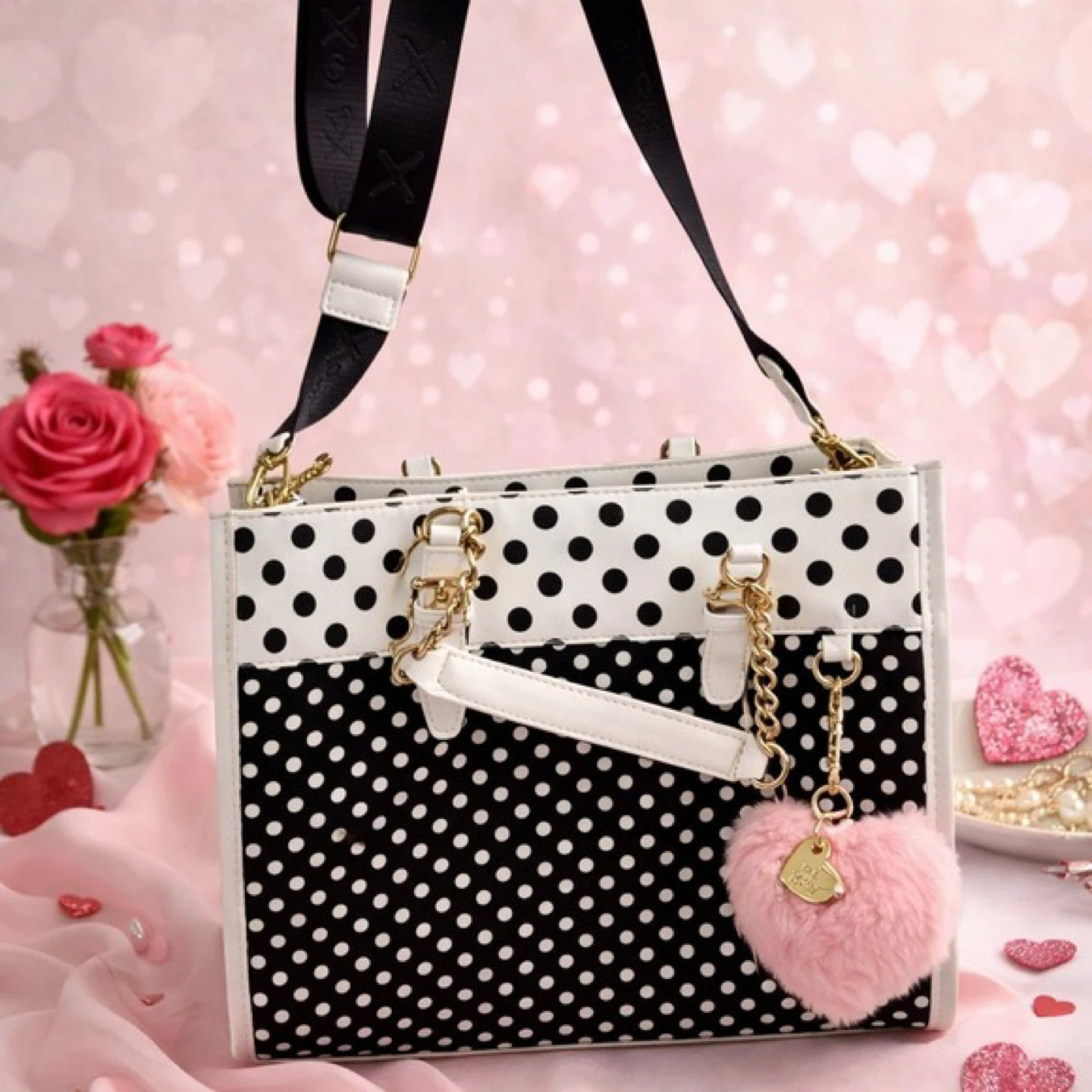 Betsey Johnson Dot Tote Bag with Pink Pom Pom Charm