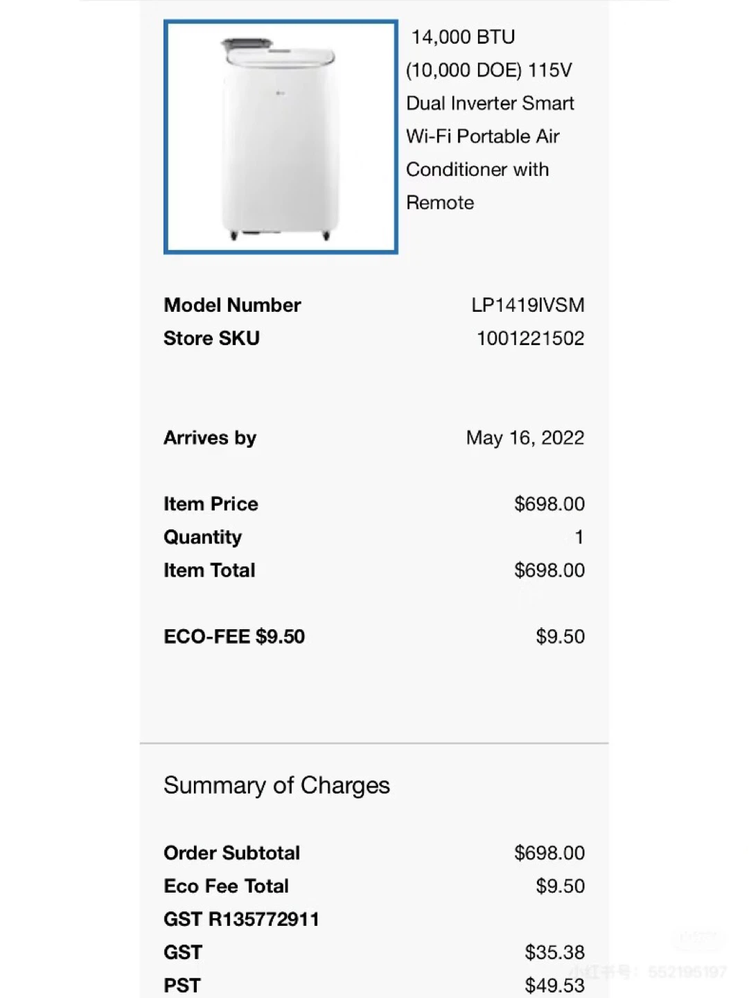 LG 14,000 BTU Wi-Fi Portable Air Conditioner