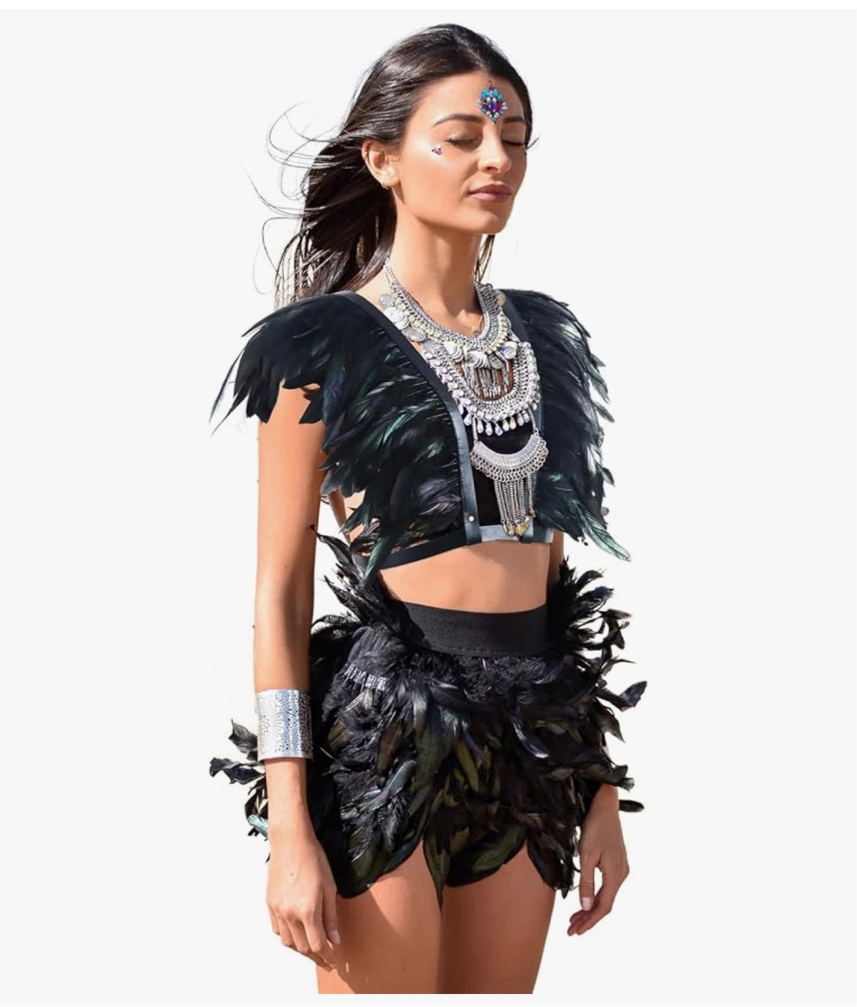 Black Feather Festival Set – Gothic Rave Outfit Top & Skirt
