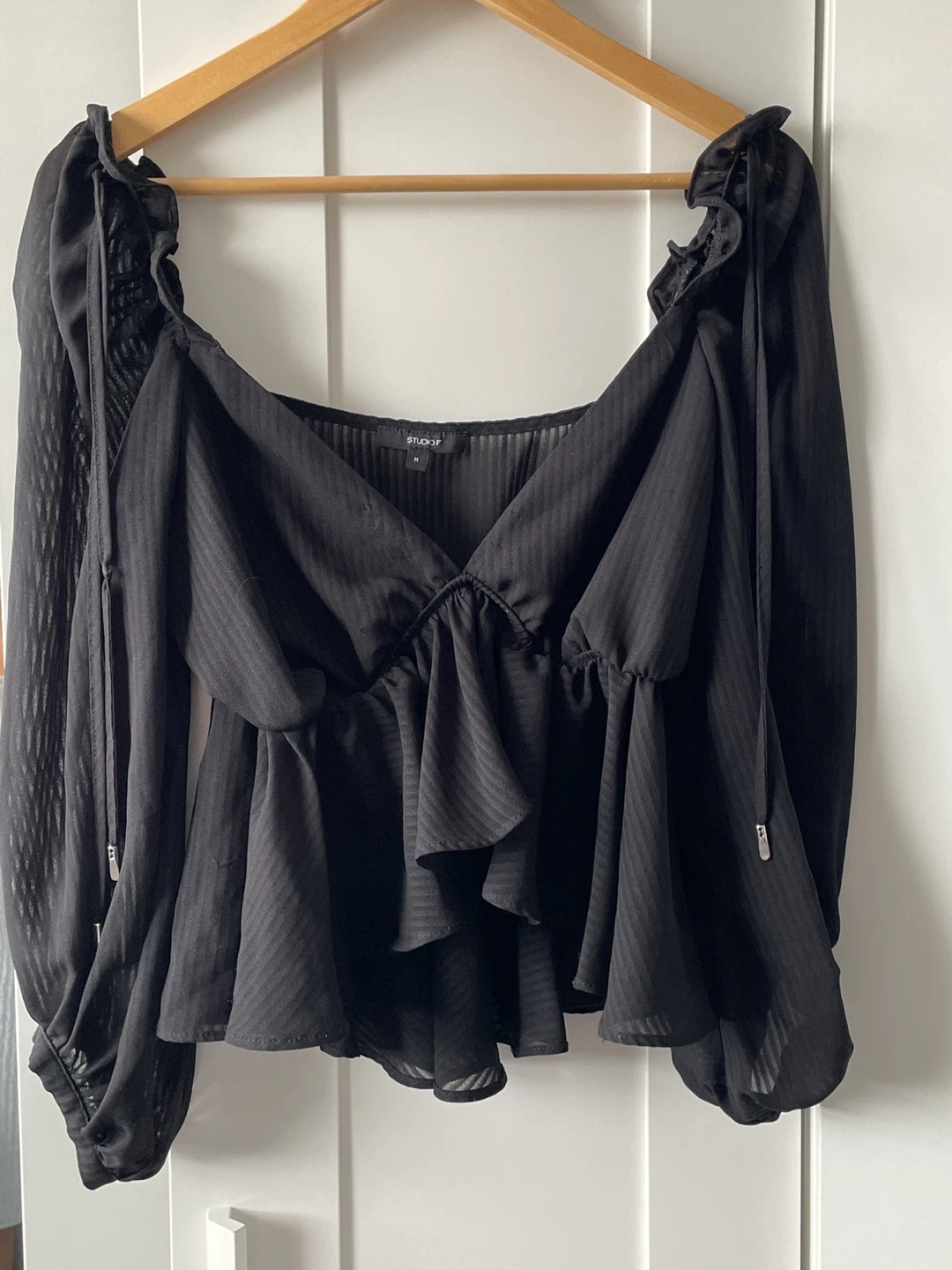 STUDIO F Black Sheer Striped Peplum Blouse