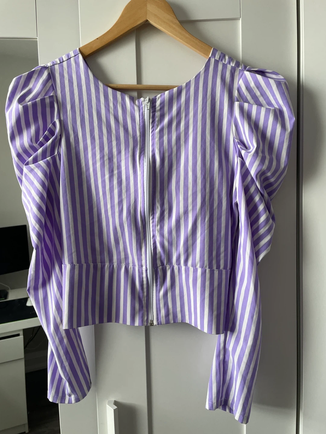Purple and White Striped Puff Sleeve Blouse - photo 3