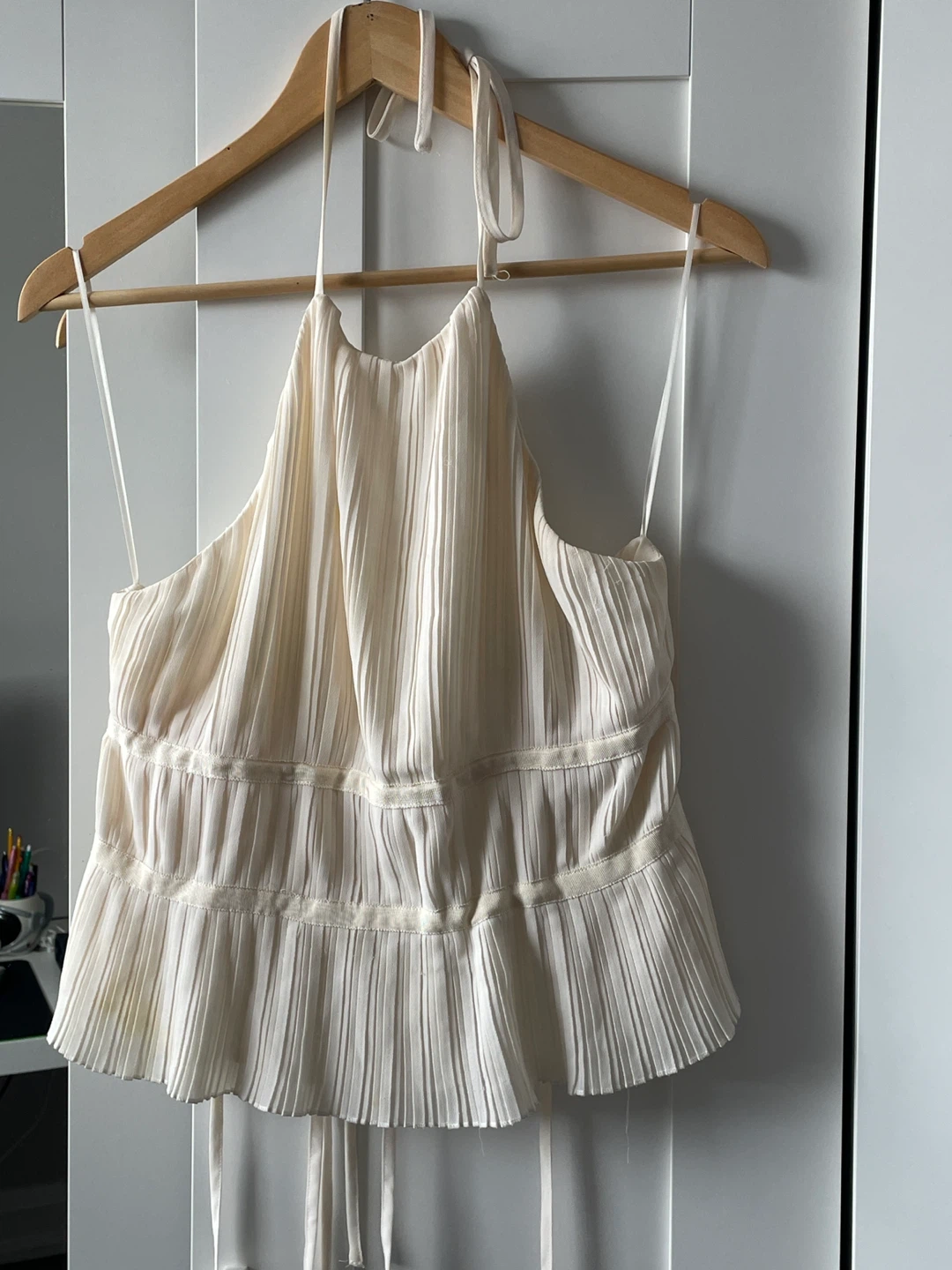 Cream Halter Neck Pleated Top
