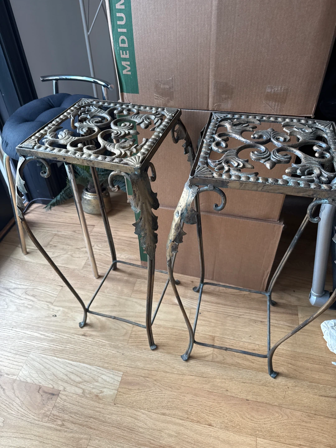 Ornate Gold Metal Plant Stands (Set of 2)