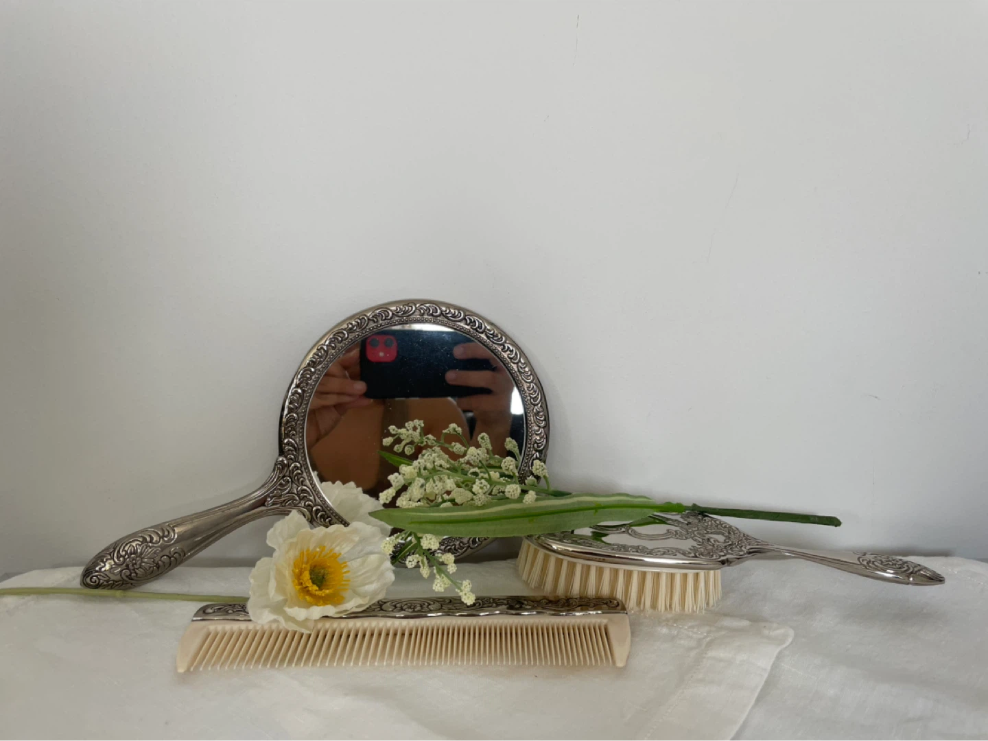 Vintage Silver Vanity Set with Mirror, Brush, and Comb