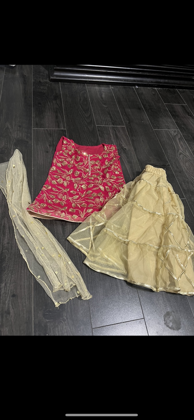 Girls Embroidered Pink Kurti with Gold Skirt and Dupatta