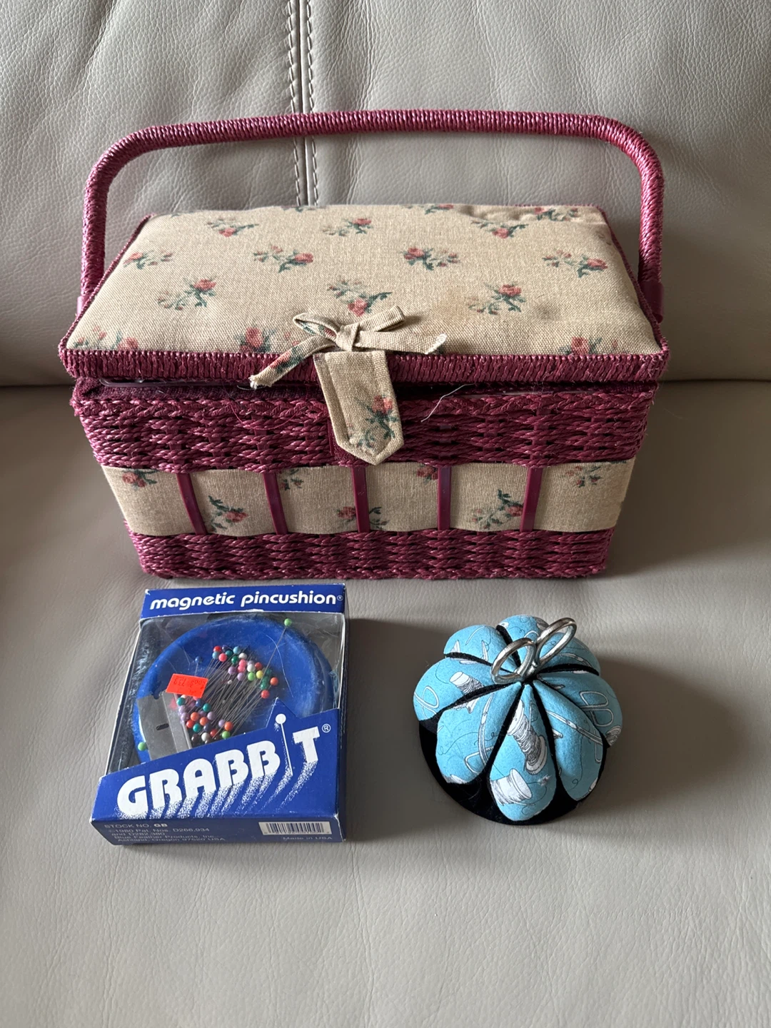 Floral Sewing Basket with Magnetic Pincushion