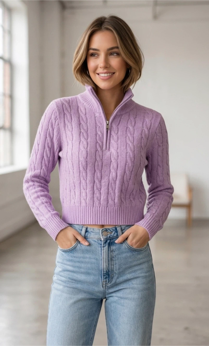Purple Cable Knit Quarter Zip Sweater