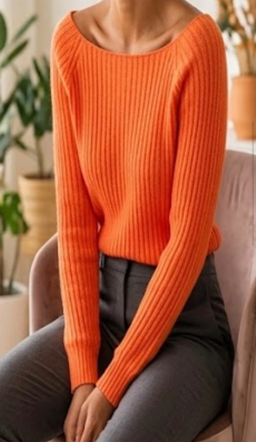 Orange Ribbed Boat Neck Sweater