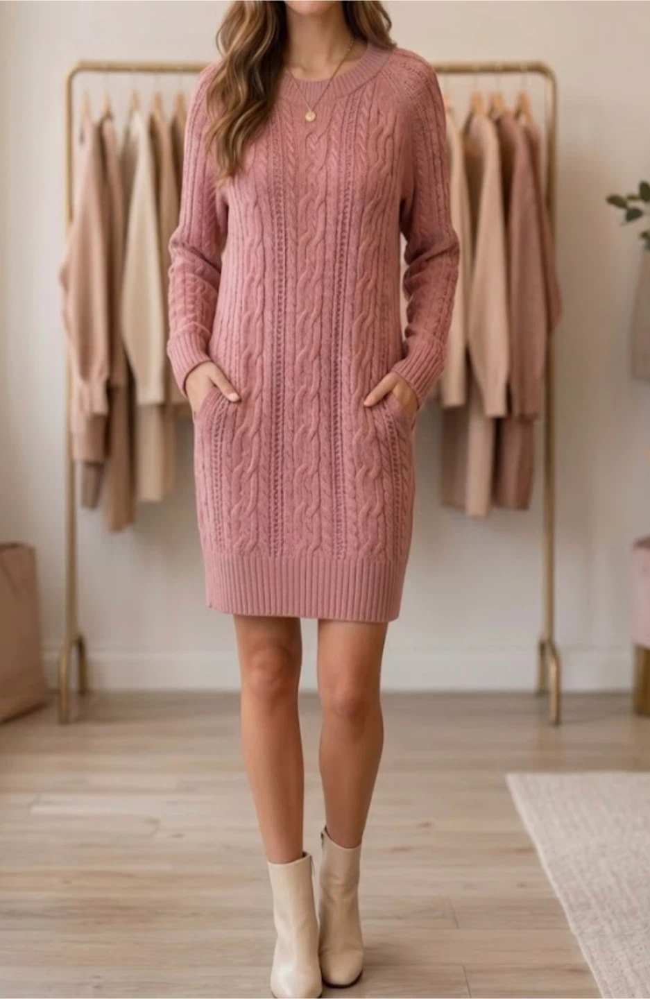 Pink Cable Knit Sweater Dress