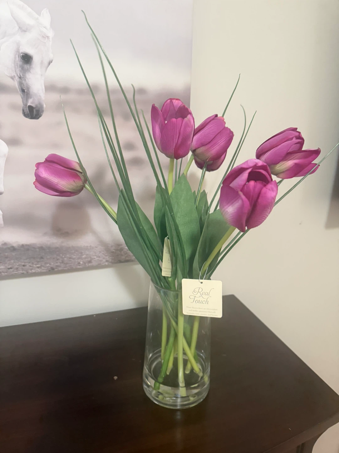 Real Touch Faux Purple Tulips in Glass Vase