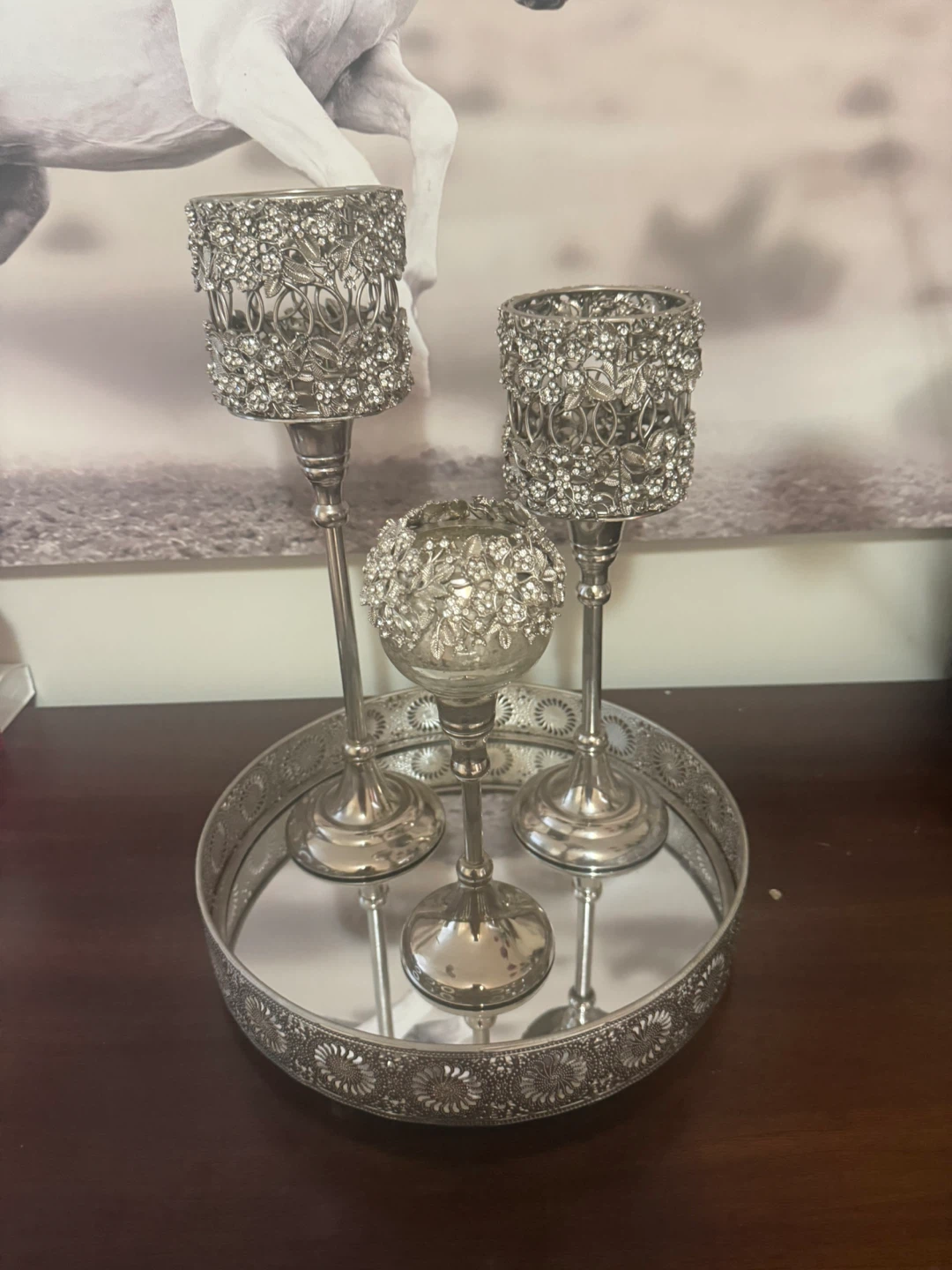 Silver Rhinestone Candle Holder Set with Tray - photo 2
