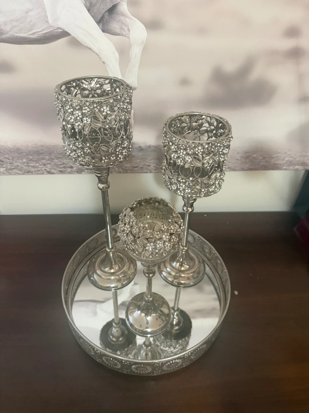 Silver Rhinestone Candle Holder Set with Tray - photo 3