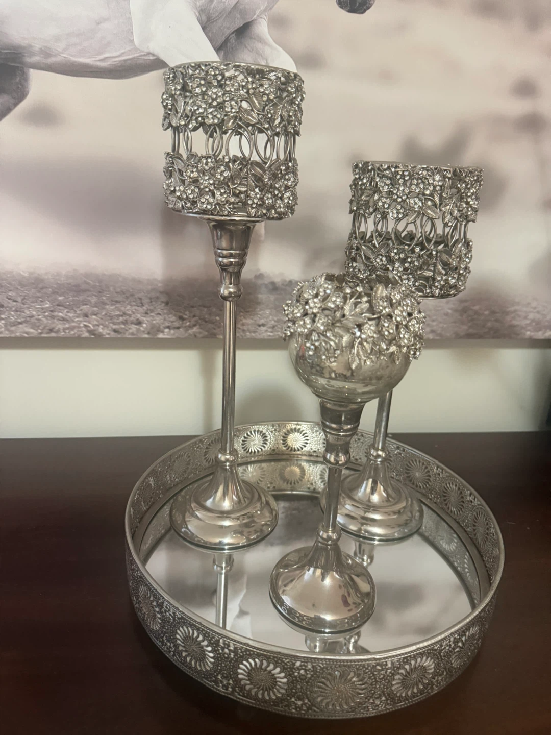 Silver Rhinestone Candle Holder Set with Tray
