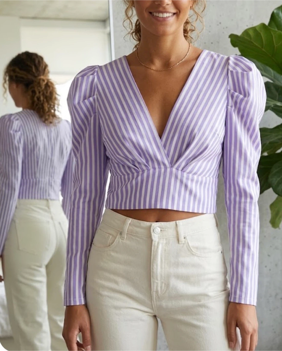 Purple and White Striped Puff Sleeve Blouse