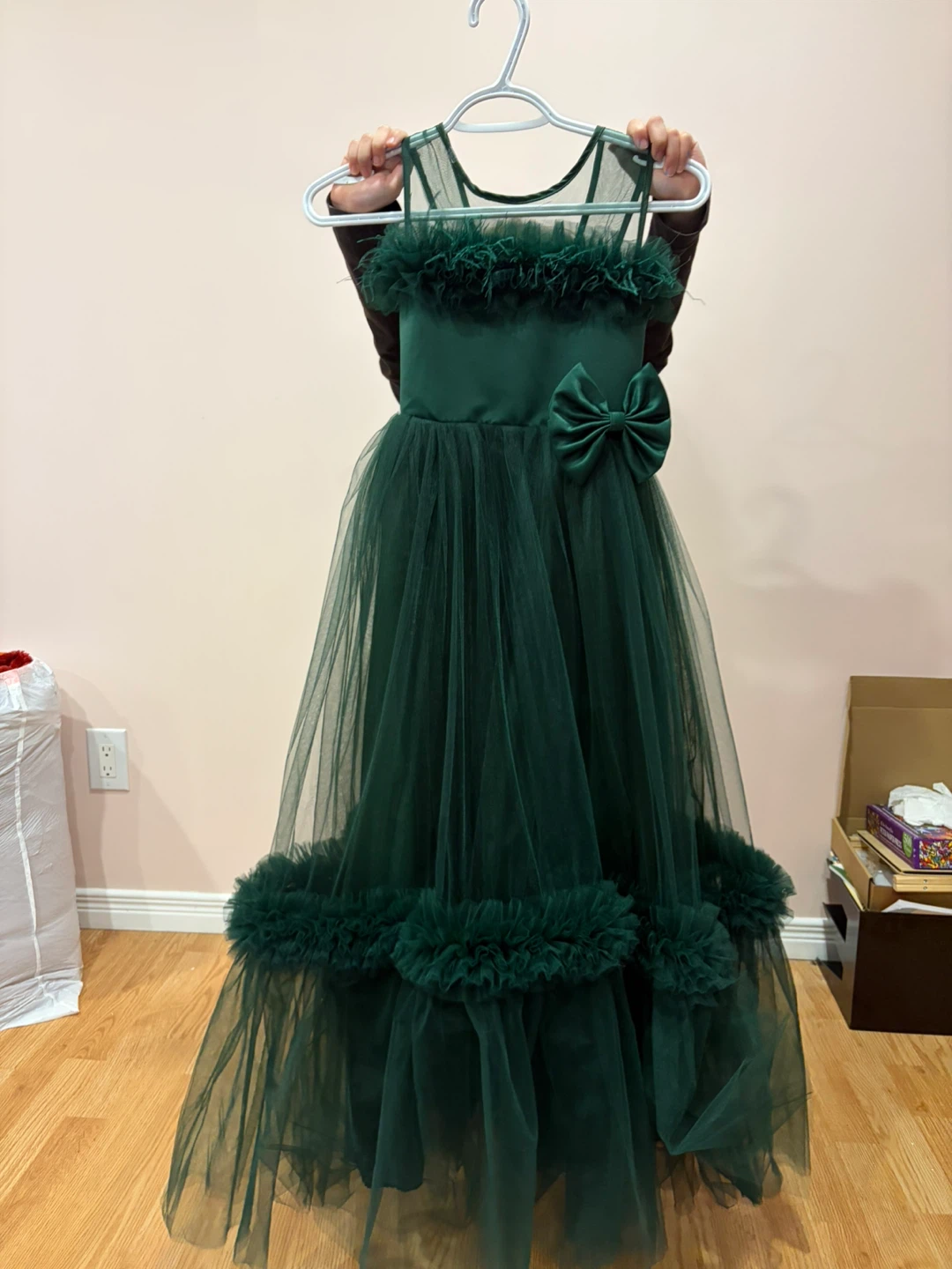 Green Tulle Dress with Feathers and Bow