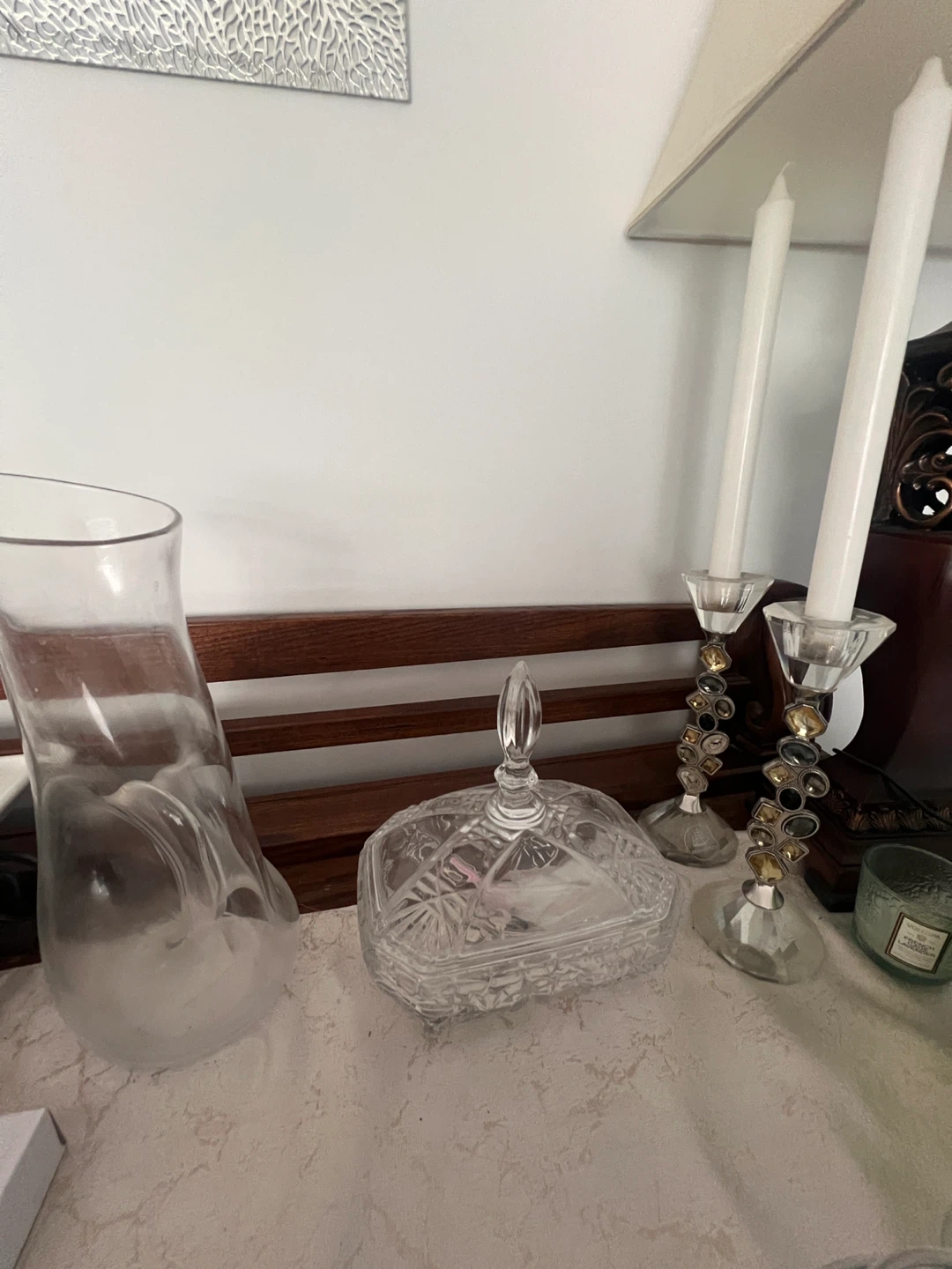 Crystal Covered Candy Dish / glass jug / 2 candle stands