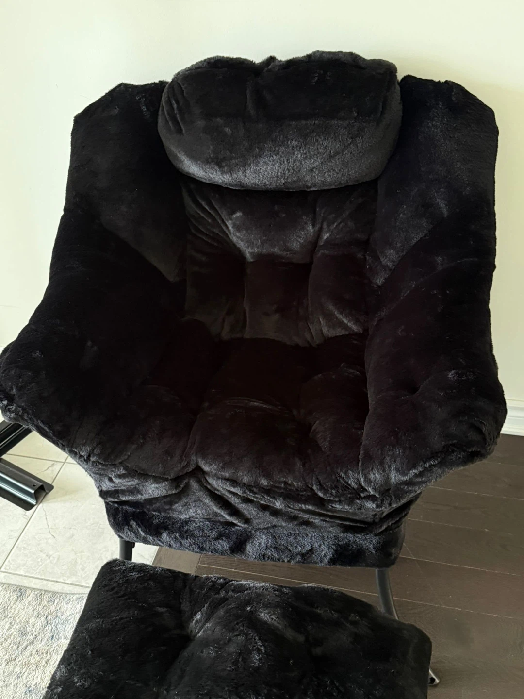 Black Faux Fur Accent Chair with Ottoman - photo 2