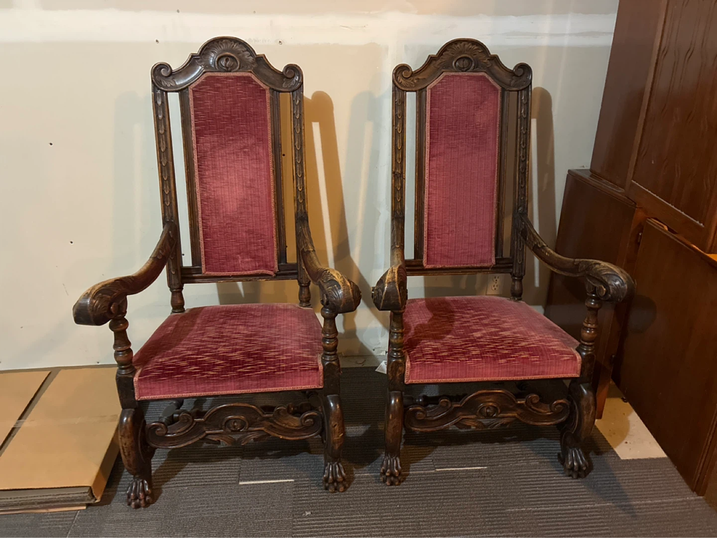 Antique Wooden Chairs with Red Upholstery