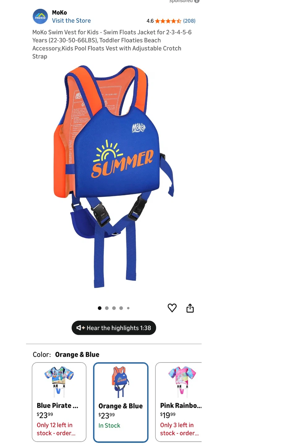 MoKo Swim Vest for Kids - Orange & Blue