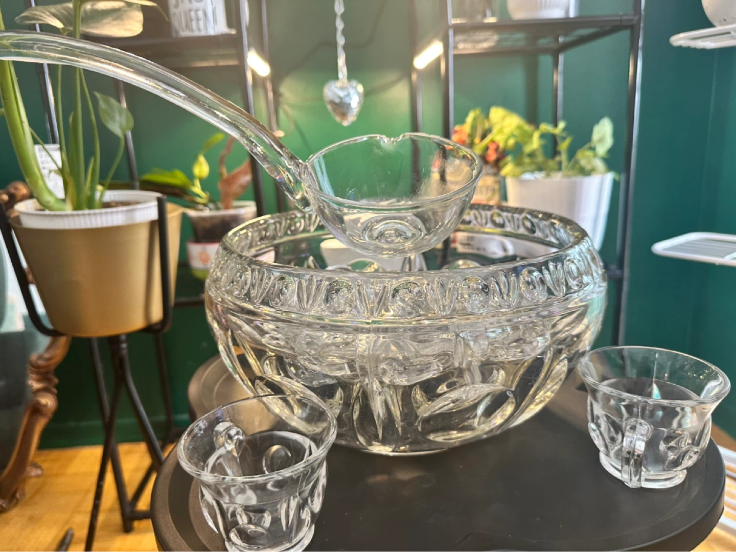 Vintage heavy Glass Punch Bowl Set with Ladle and Cups - photo 2