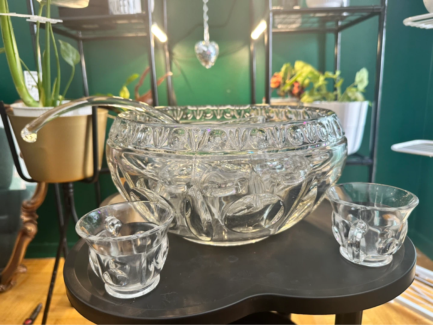 Vintage heavy Glass Punch Bowl Set with Ladle and Cups