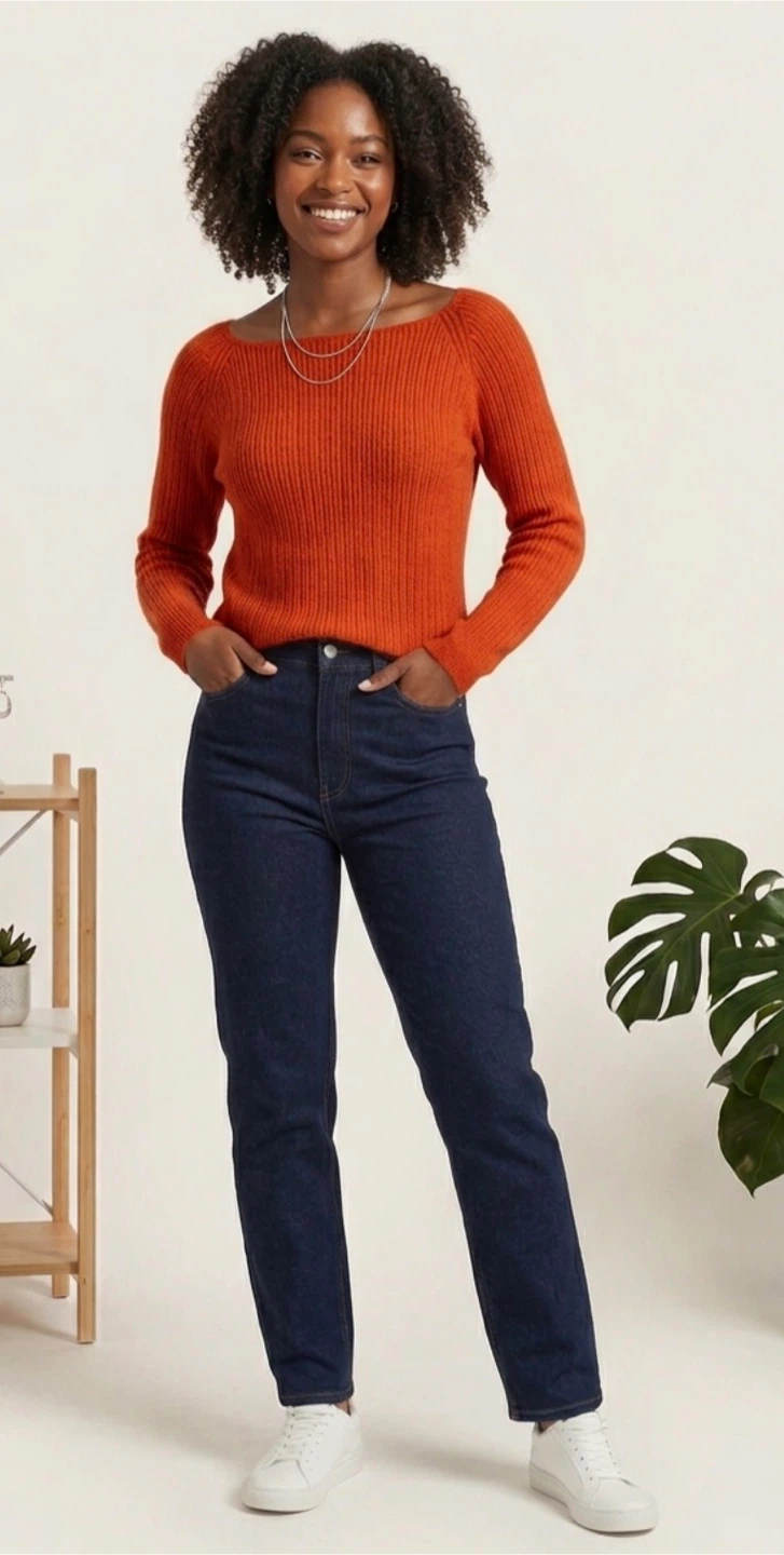 Orange Ribbed Boat Neck Sweater - photo 3