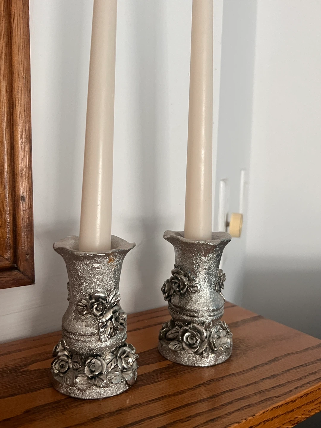 Set of 2 Silver Tone Rose Candlestick Holders
