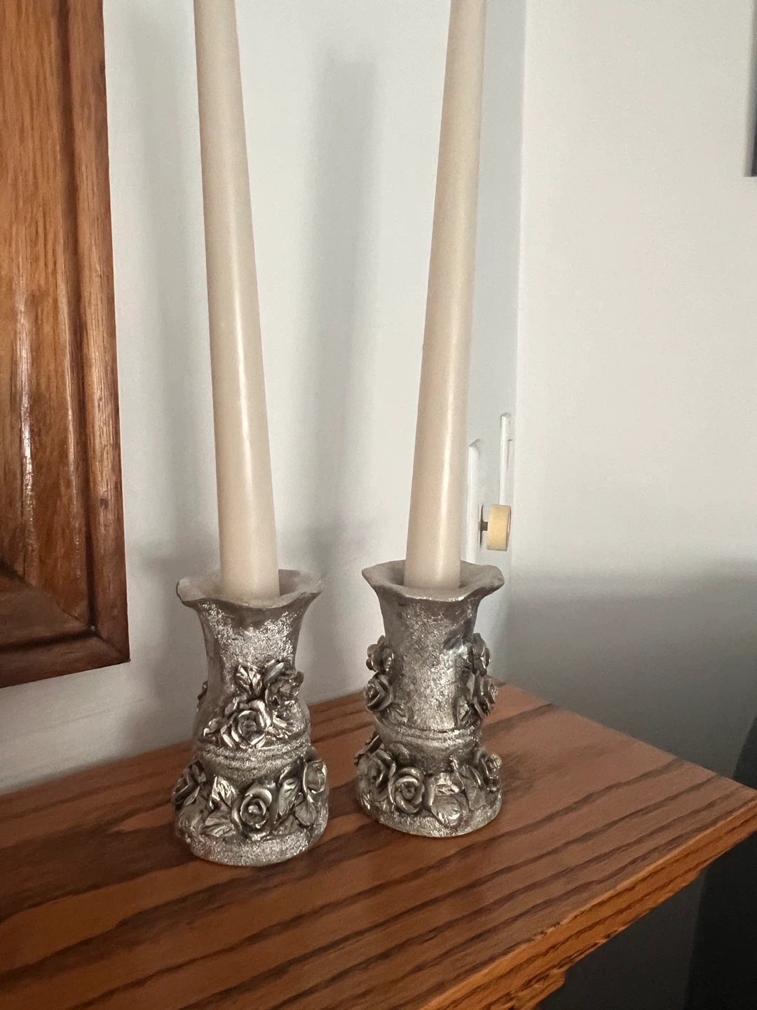 Set of 2 Silver Tone Rose Candlestick Holders - photo 2