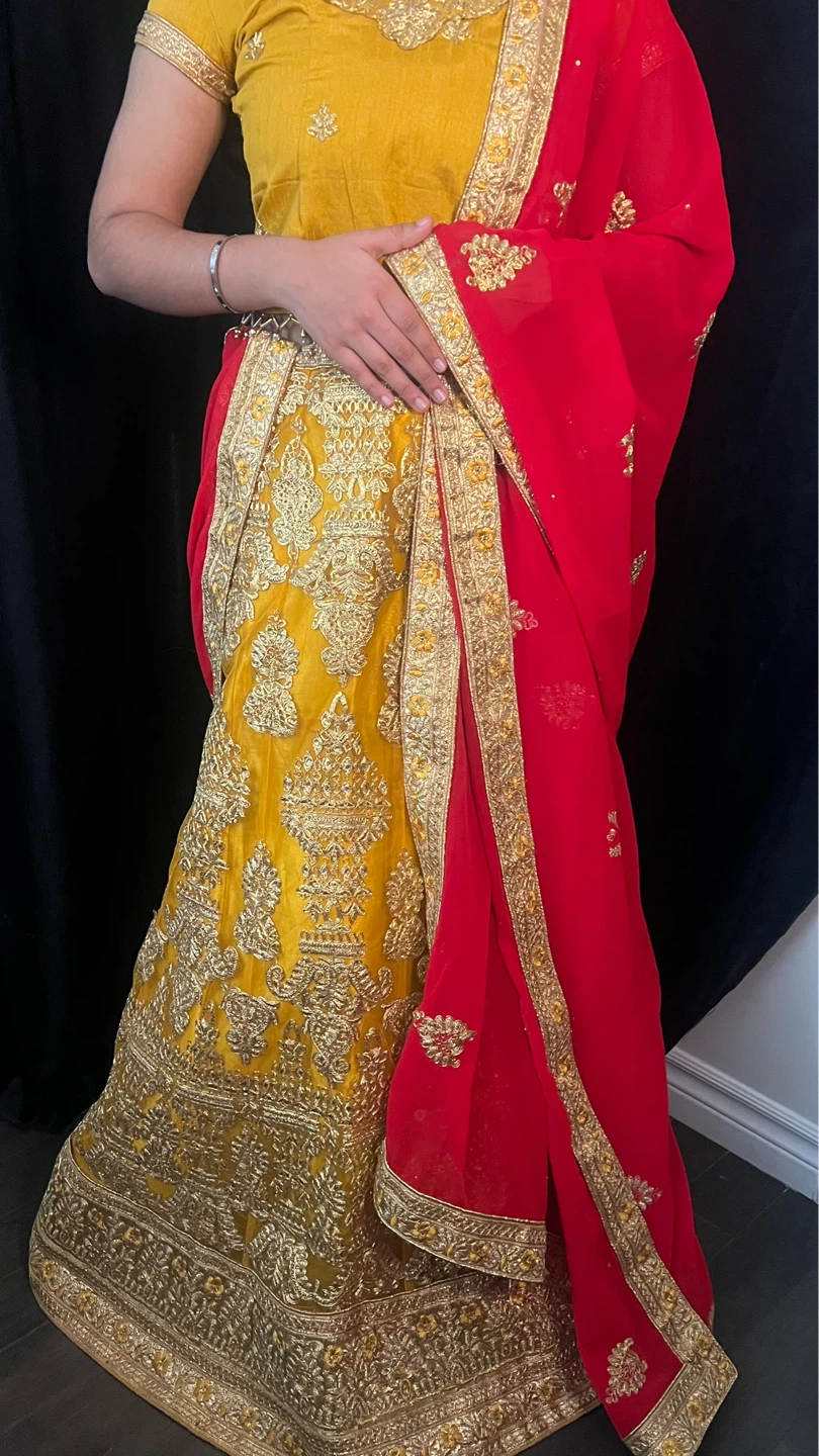 Yellow and Red Embroidered Lehenga & Dupatta Rental - photo 2
