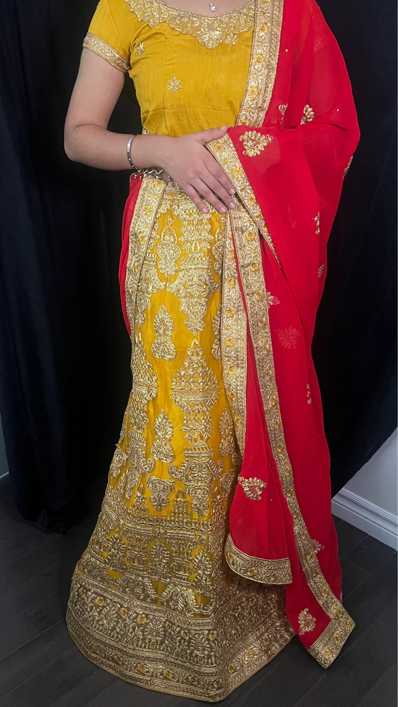 Yellow and Red Embroidered Lehenga & Dupatta Rental