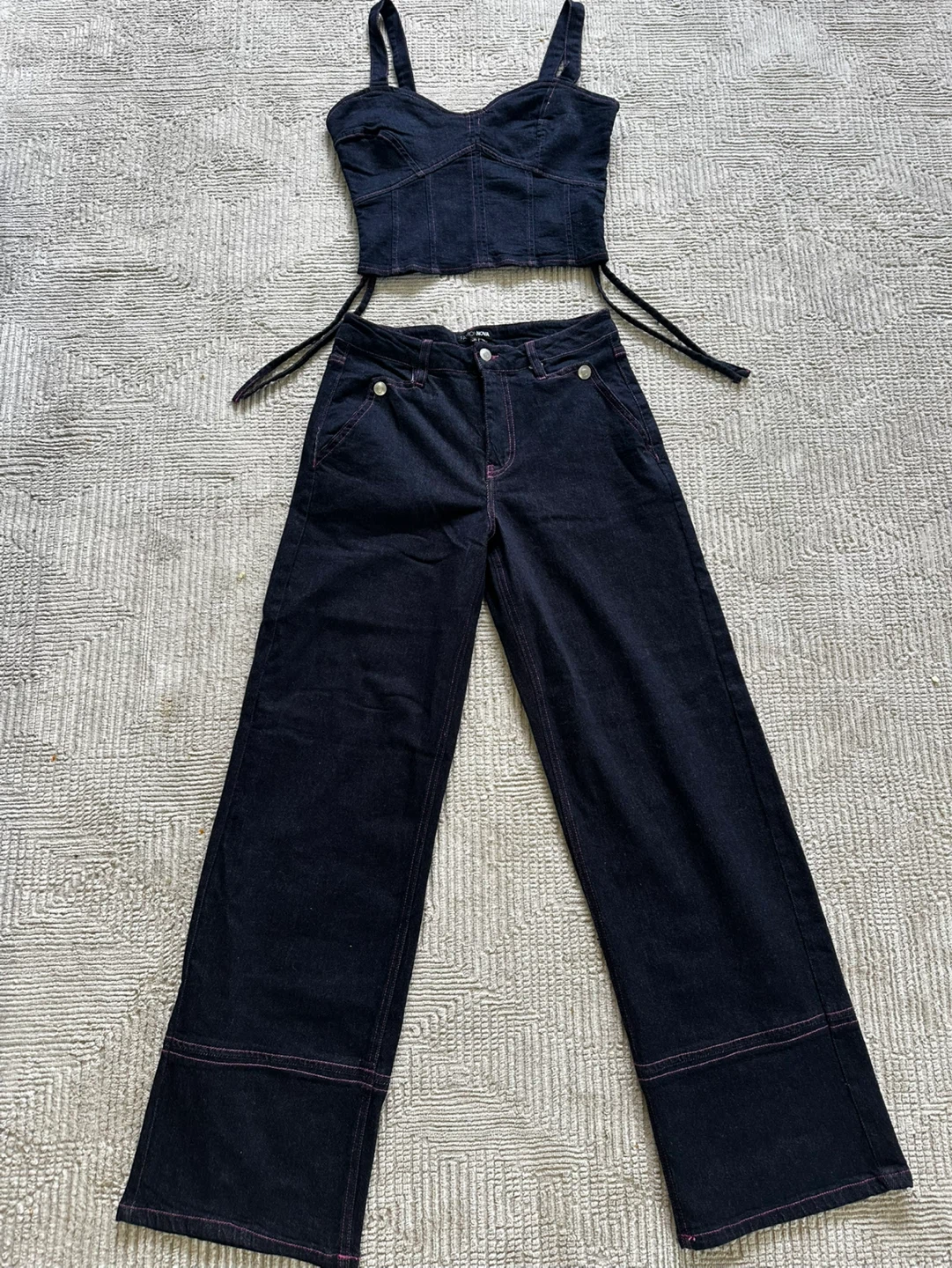 New Fashion Nova Dark Wash Denim Wide Leg Pant Set Size M