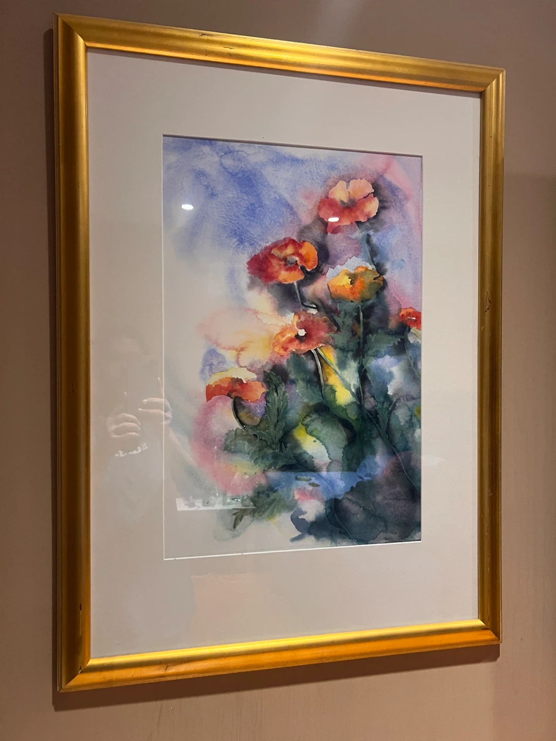 Framed  handmade Watercolor Painting of Poppies