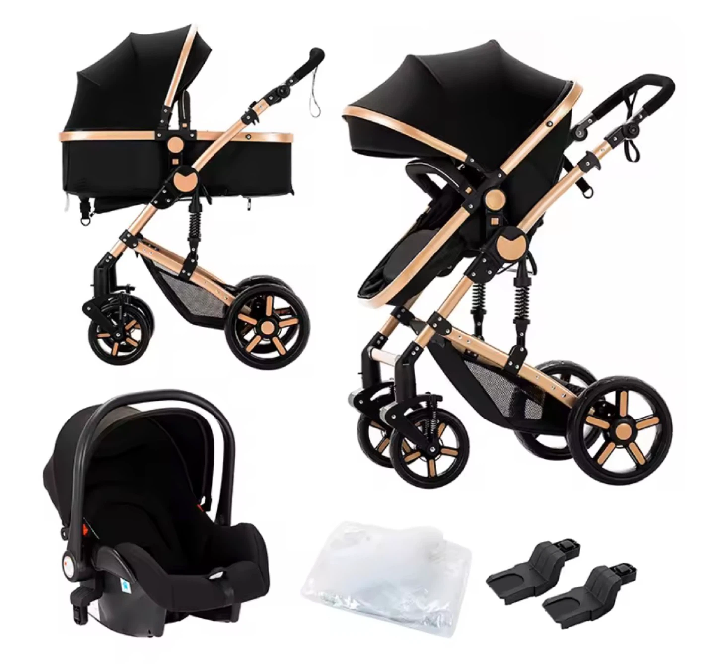 Black Baby Stroller with Bassinet and Car Seat