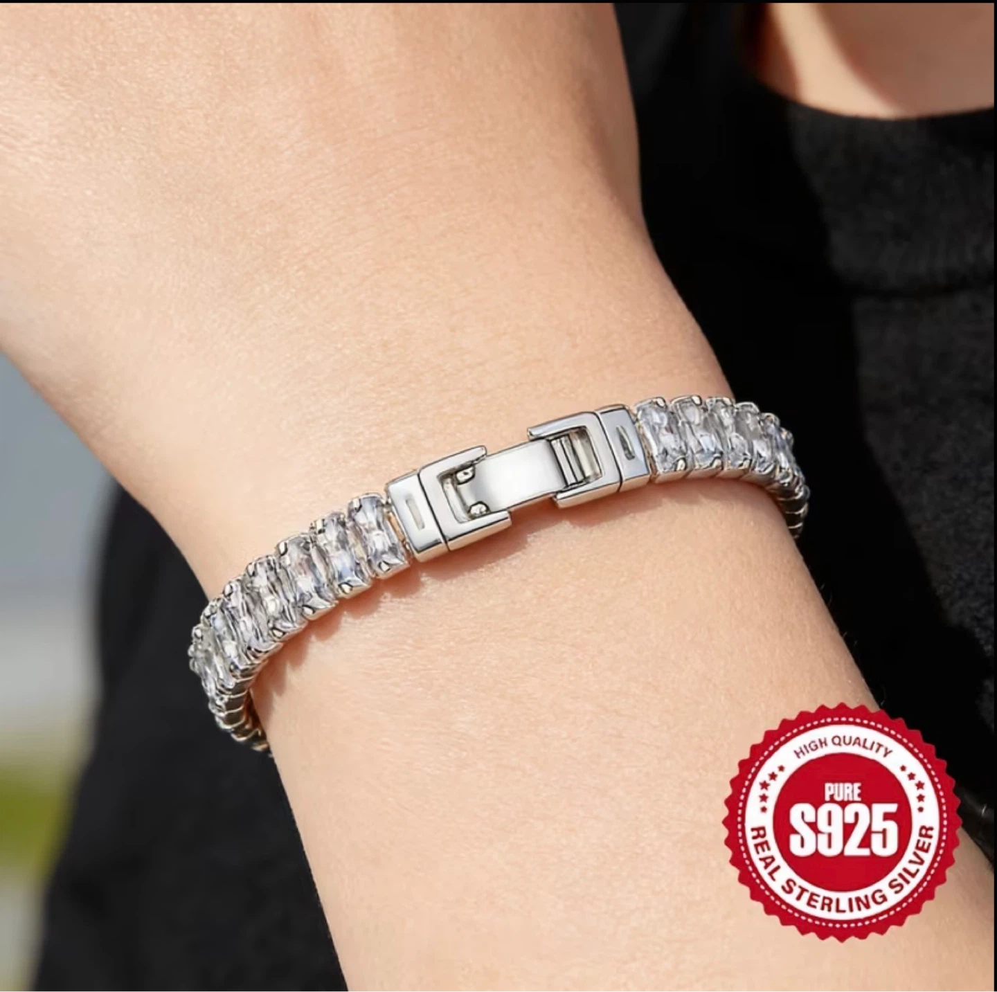 Sterling Silver Bracelet with Clear Baguette Crystals